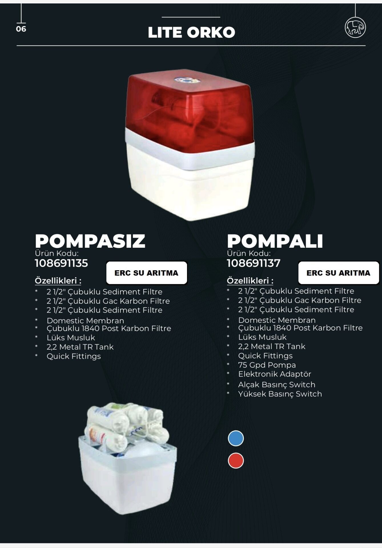 Lite Orko Pompalı 5 Filitre Kırmızı Beyaz Su Arıtma Cihazı